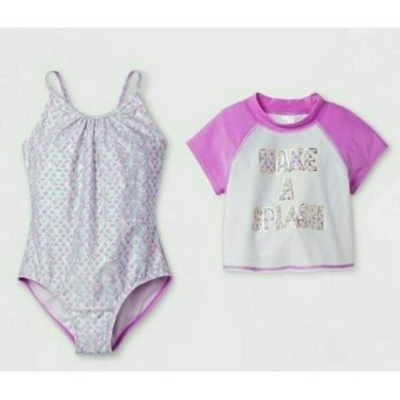 Cat & Jack XS (4/5) Girls Rash Guard & One-Piece Swimsuit Set - Picture 1 of 7